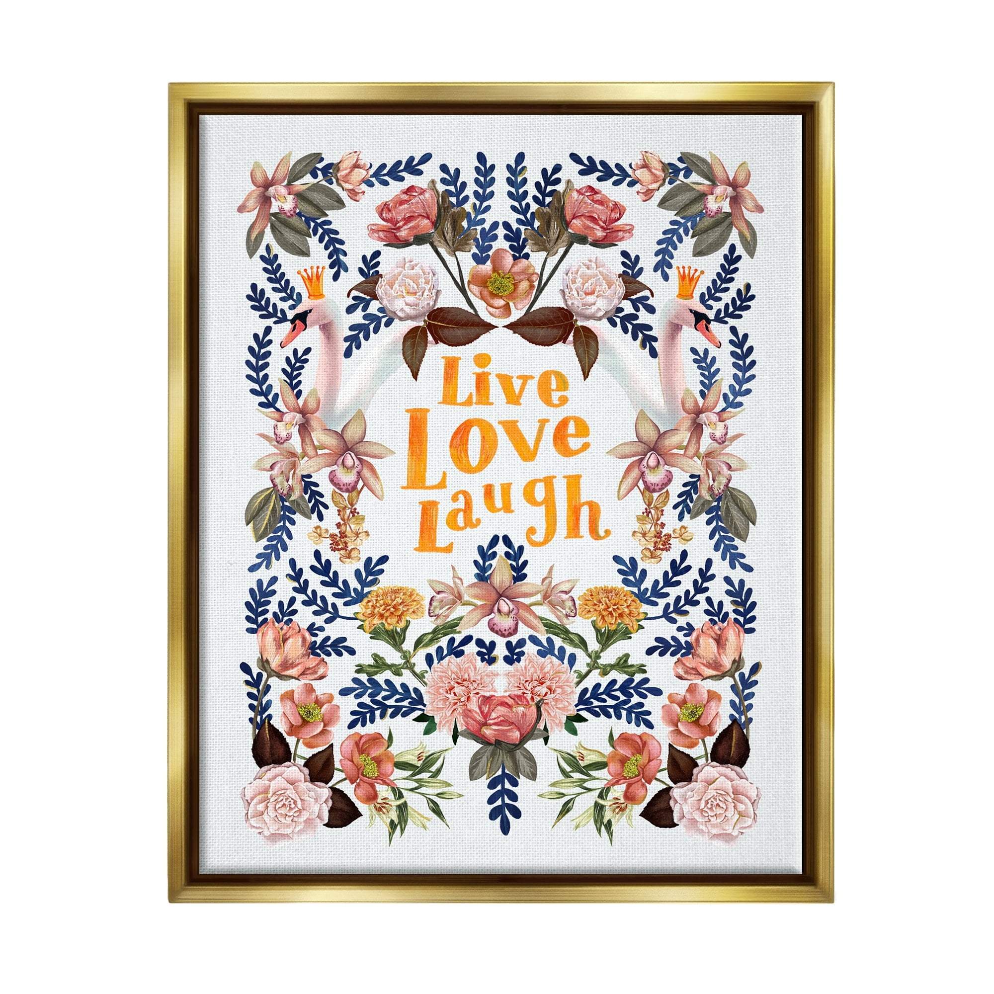 Stupell Industries Live Love Laugh Floral Crowned Swans Botanical Trim Graphic Art Metallic Gold Floating Framed Canvas Print Wall Art, Design by Raquel Maciel