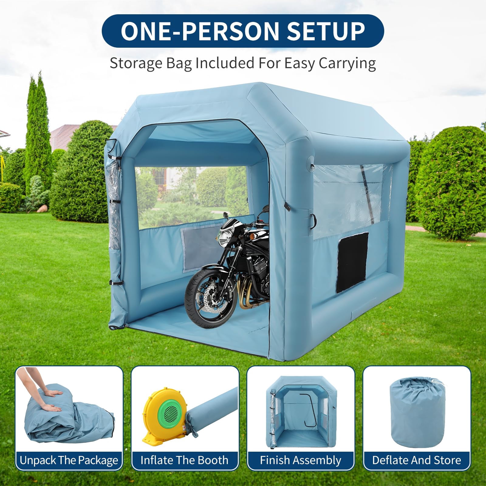 Volkmi Inflatable Spray Paint Tent, Blue Portable Spray Shelter with 3-Layer HEPA Filtration & High-Speed Blower for Garage, Workshop, Car & Furniture