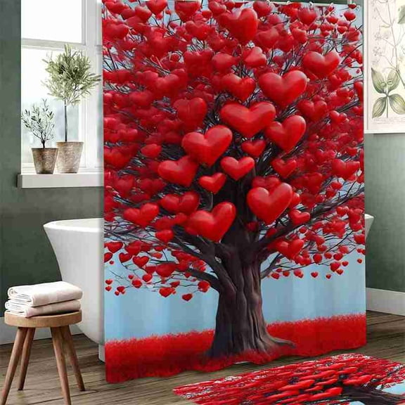 70x70 inch Romantic Red Heart Tree Shower Curtain, Waterproof Polyester Fabric with Hooks for Bathroom Decor