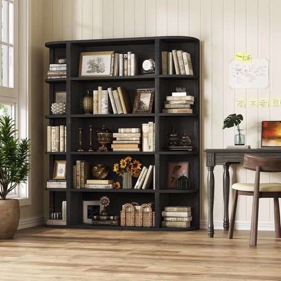 5-Tier Wood Book Shelf, 47 Wide Large Bookshelf and Bookcase with Curved Side Shelves Freestanding Display for Living Room Home Office Black