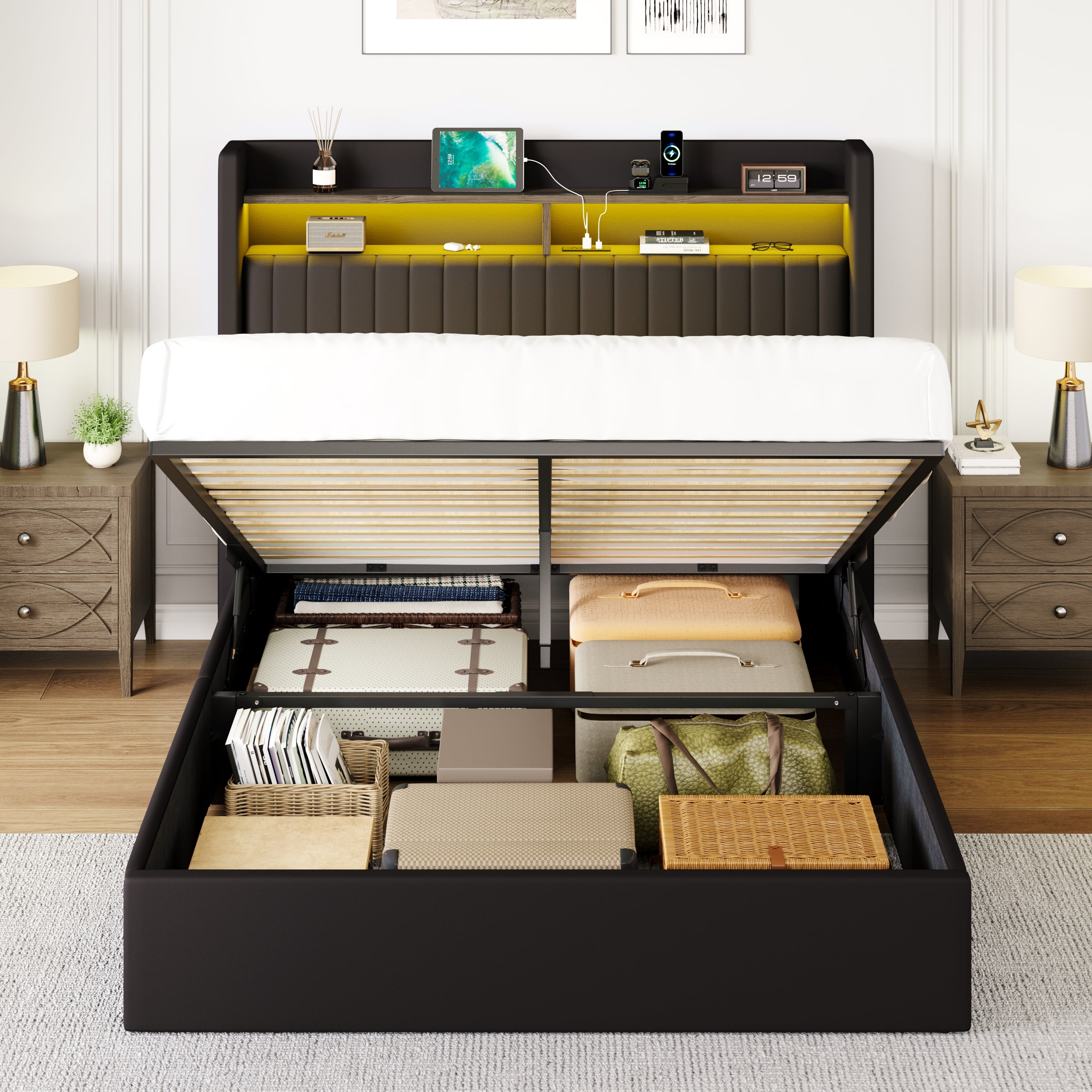 Amolife Full Hydraulic Lift-Up Storage Bed Frame, LED Headboard with Fast Charging (USB/Type-C), 2-Tier Shelves & Velvet Upholstered, Black
