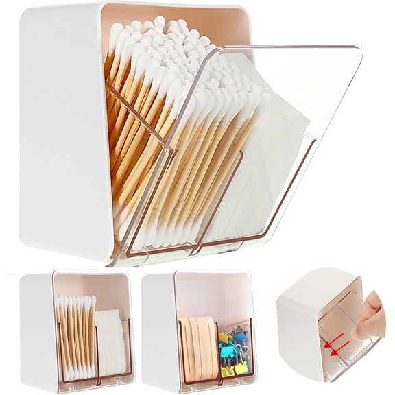 Lsupdaol 2 Pcs Cotton Ball Holder Canisters for Cotton Swab/Pad/Ball Floss Dispenser Container Box with 2 Compartments Bathroom Storage Organizer with Clear Lid for Round Pads Makeup, White