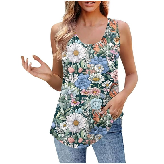 JSheng Women's Printed Tank Top Sleeveless Loose Camisole for Women Petal Print T-Shirt Casual Comfy Crew Neck Top Army Green L