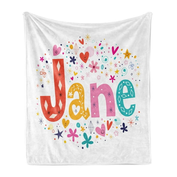 Jane Soft Flannel Fleece Throw Blanket, Cartoon Style Celebratory Design Rhombuses Flowers and Snowflakes Baby Name, Cozy Plush for Indoor and Outdoor Use, 50" x 60", Multicolor, by Ambesonne