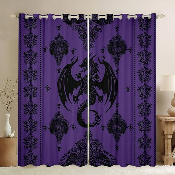 Feelyou Hippie Damask Print Black Out Curtains, Dreamy Bohemian Flower Curtains Pack of 2 (42x63 Each), Tribal Dragon Bedroom Curtains, Window Curtains Room Decor