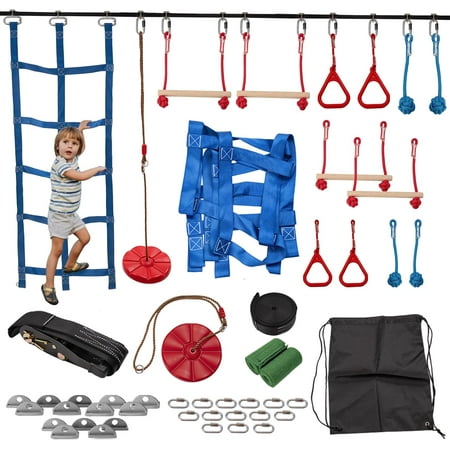 QRKD Ninja Warrior Obstacle Course for Kids 50FT Durable Ninja Slackline Kit with 8 Complete Accessories Playset Equipment with Swing Climbing Net Ladder & Monkey Bars (8 Obstacles)