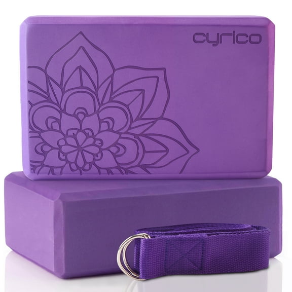 cyrico Yoga Blocks 2 Pack, Portable High Density EVA Foam Non-Slip Yoga Bricks Set with 6 ft Metal D-Ring Strap for Yoga, General Fitness, Pilates, Stretching, and Toning, 9 x 6 x 3 inches