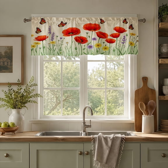 Rdsfhsp Poppy Flower Window Valance Curtain, Red Floral Garden Pattern Decorative Rod Pocket Short Curtain for Kitchen Bedroom Decor
