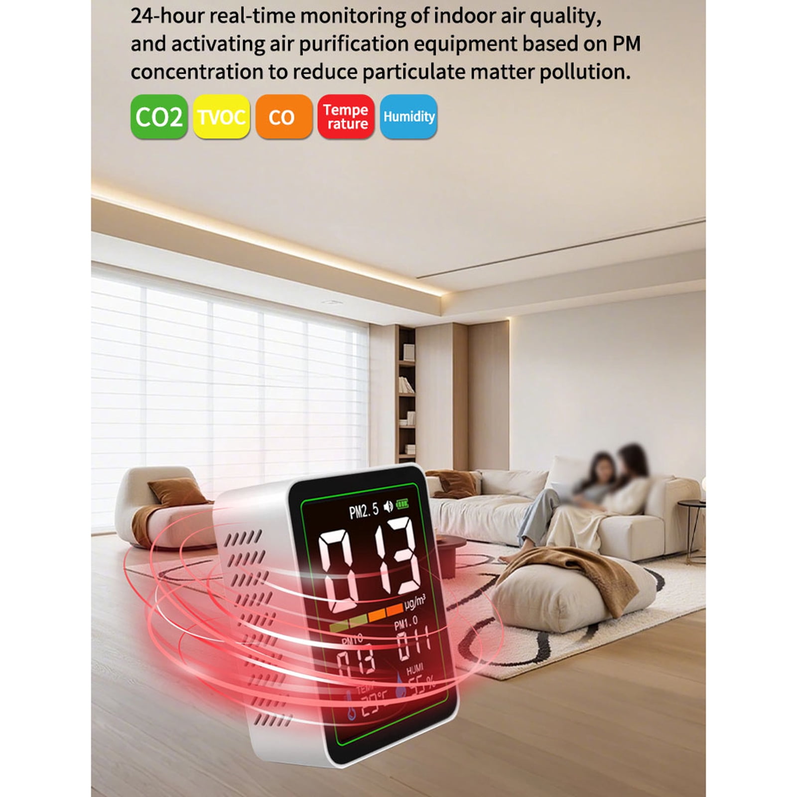 5-in-1 Indoor Air Quality Monitor with Laser Sensor - Accurate Real-Time Tracking for PM1.0 PM2.5 PM10, Temperature & Humidity, LCD Color Screen, USB-C Portable