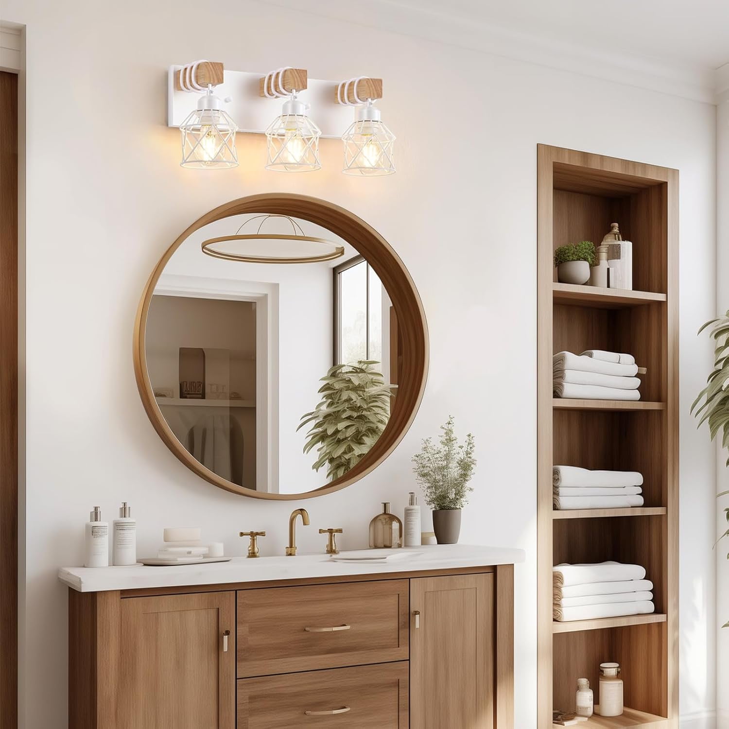 Farmhouse Vanity Light for Bathroom, 3-Light White Wood Bathroom Vanity Light Fixtures Over Mirror, Rustic Sconces Wall Lighting with Metal Lampshade for Living Room, Bedroom, Hallway