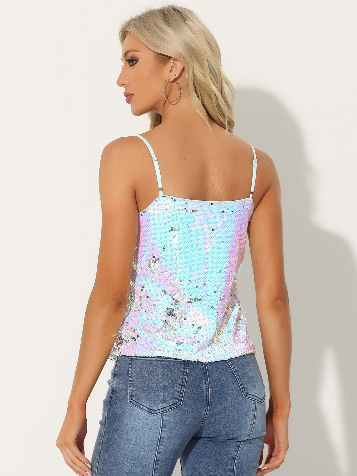 DARING DIVA Women's Sequin Sparkle Glitter Crop Cami Top S Light Blue