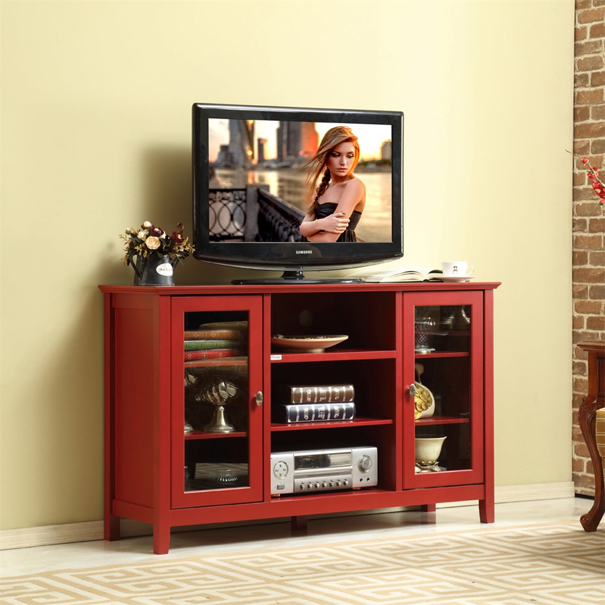 Multi functional Wood TV Stand with Shelves Elegant Design Red TV Stand for Living Room Space Saver TV Stand Console Table Kitchen Buffet Sideboard