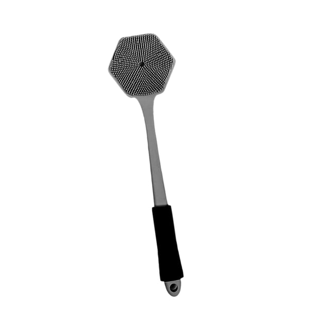 Cepillo de ducha de silicona, mango largo, doble cara, baño de burbujas con gancho para colgar, cepillo de baño ligero con cerdas de silicona. gris