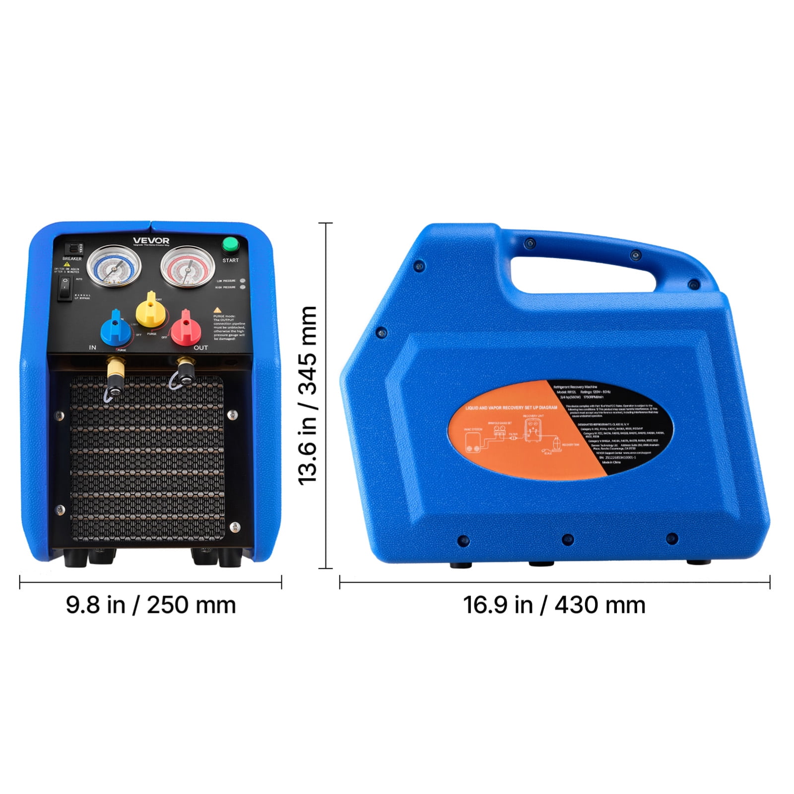 VEVOR Portable Refrigerant Recovery Machine, 3/4 HP 110V 60Hz Single Cylinder AC Recovery Machine for Liquid Vapor Refrigerant,1750 RPM Recycling Unit HVAC for Automotive & Household Air Conditioning