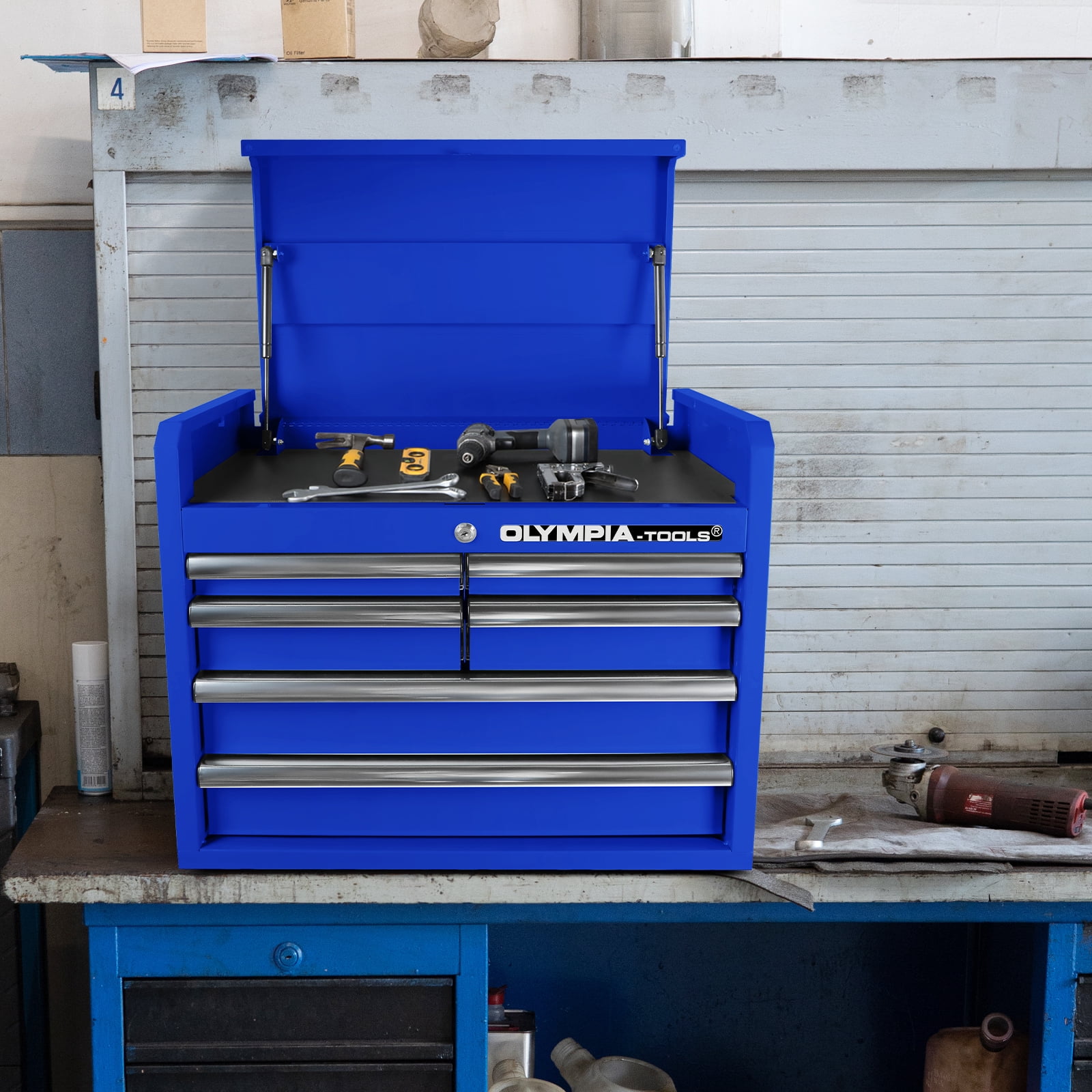 Olympia Tools 6 Drawer Tool Box, 26inch Top Metal Tool Storage Cabinet with Tray, Drawer Liner, Blue