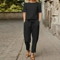 thumbnail image 2 of Women Summer Casual Linen Pants Suit Solid Color Wide Leg Loose Fit Round Neck Short Sleeve Trousers Set Comfortable Outfit, 2 of 2