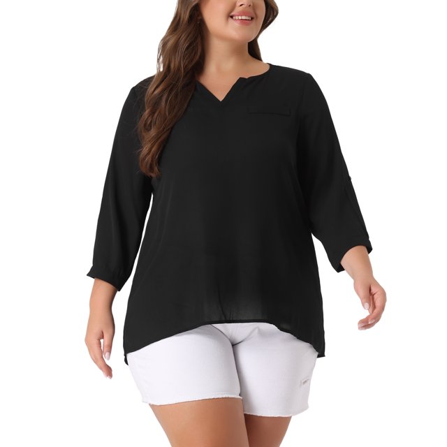 Blusa de gasa de mujer plus size Agnes Orinda con cuello partido, dobladillo alto-bajo, mangas 3/4, 2024, talla 3X, color negro
