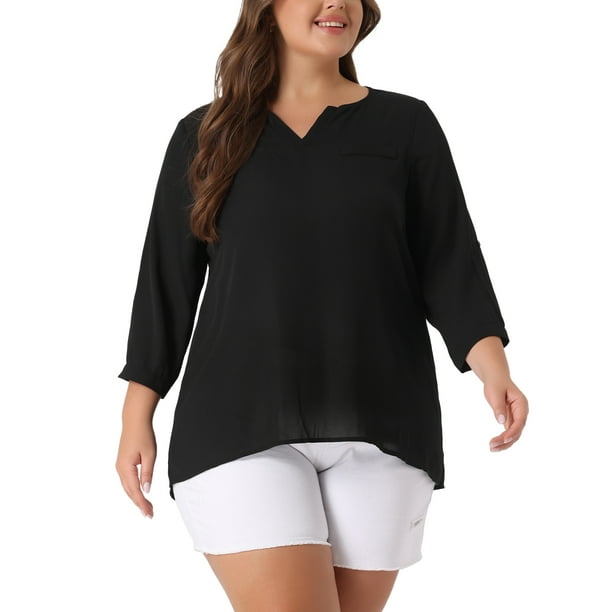 Blusa de gasa de mujer plus size Agnes Orinda con cuello partido, dobladillo alto-bajo, mangas 3/4, 2024, talla 4X, color negro