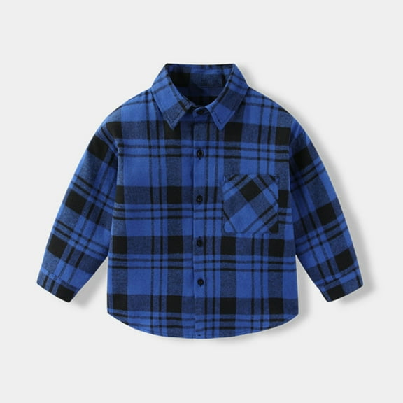 Eltusu Boys Plaid Shirts, Lapel Collar Casual Cotton Soft Button-Down Shirts Blue Size 4-10 T
