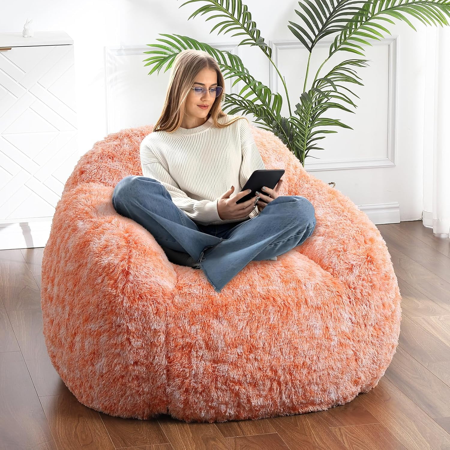 Home Lazy Sofa Bean Bag Chairs for Adults, Faux Fur Bean Bag Chair with Filler, Soft Plush Living Room Beanbag Chair Armrest Bean Bag Couch, Fluffy Couch Lazy Sofa Chair for Reading