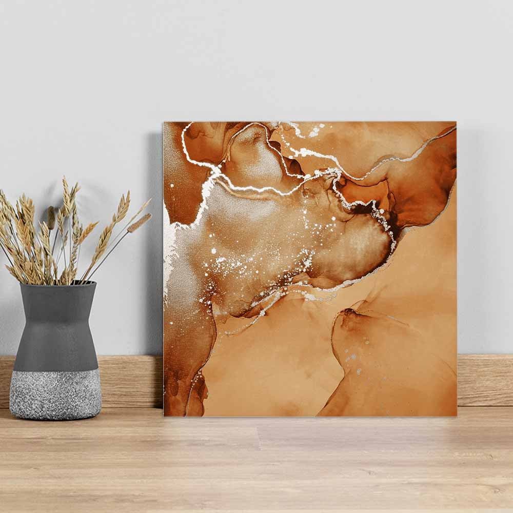 Burnt Orange Abstract Canvas Wall Art, Silver Marble Ripples Luxury Fluid Art Framed Wall Decor Modern Artwork Prints Painting for Living Room, Bedroom, Kitchen & Cafe Decor 16x16 Inch