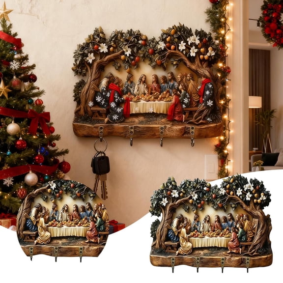Jesus Wooden Key Holder with 4 Hooks, 2D Flat Religious Wall Decor Key Rack, Rustic Home Organization for Entryway, Christian Christmas Birthday Gifts