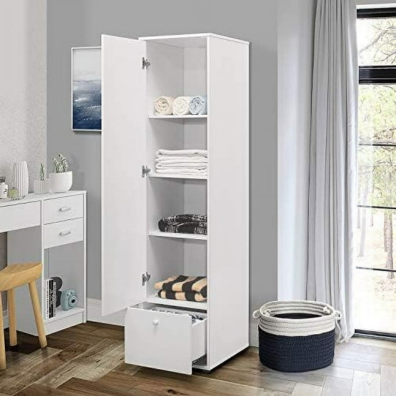 Corry Tall Storage Wardrobe Armoire with Shelves and Drawer, Narrow Freestanding Cabinet with Adjustable Shelves for Living Room, Bedroom, or Home Office$$Home Decor, Kitchen, & Other