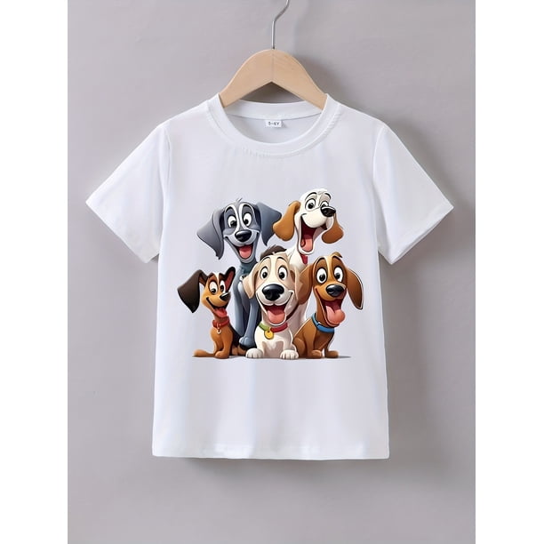 Cartoon Dogs Print T-Shirt for Boys - Casual Crew Neck Cotton Top with Slight Stretch, Regular Fit, Knit Fabric - Perfect for Summer