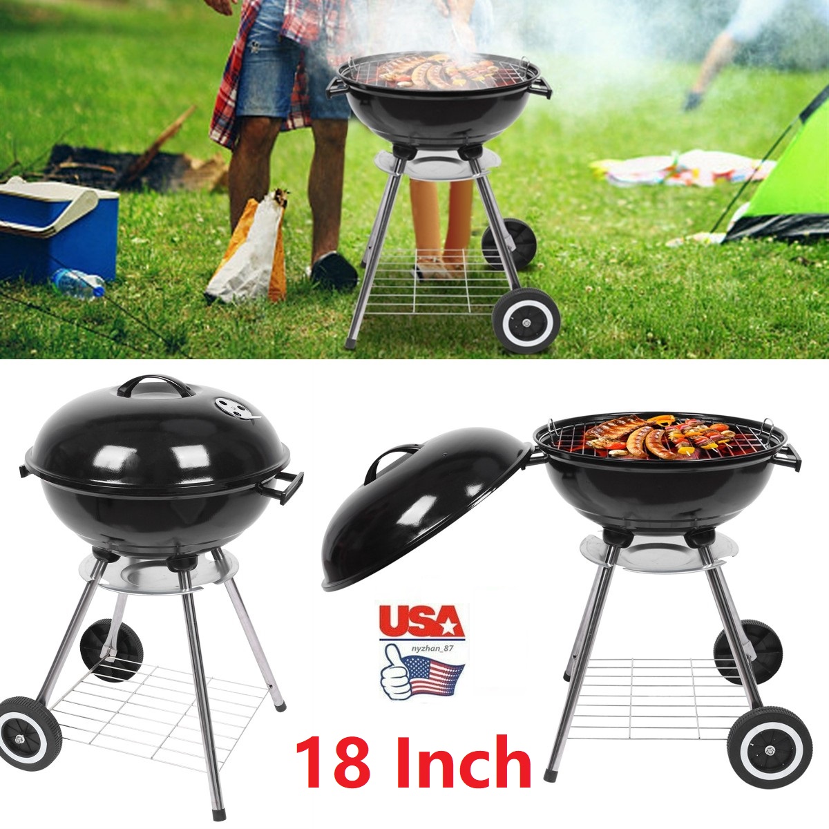 Goorabbit 18 Inch Charcoal Grill for Outdoor Camping, High Round Charcoal Barbecue Grill with Thickened Grilling Bowl for Picnic Small BBQ Kettle Patio with 2 Durable Wheels,Black - image 1 of 14