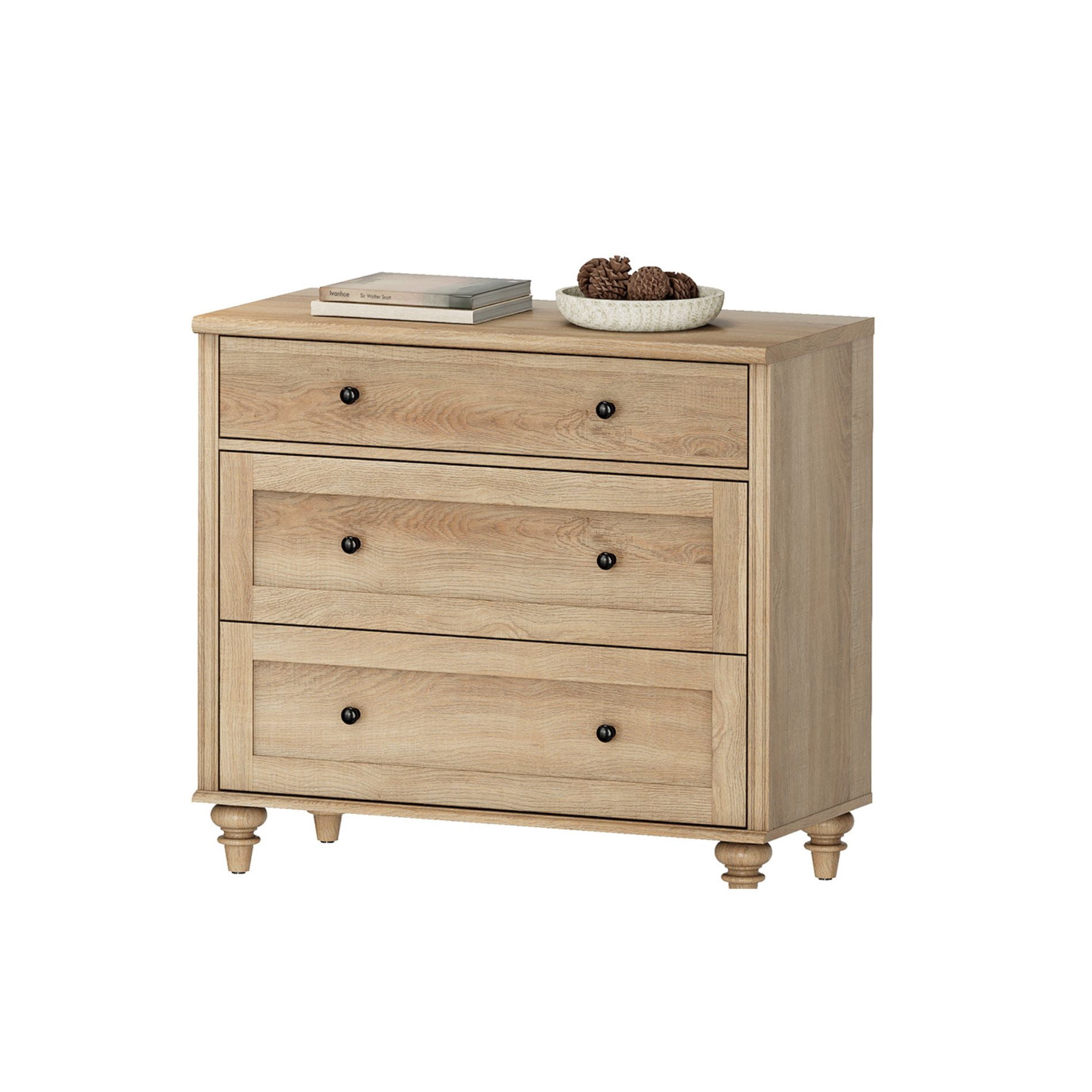 Farmhouse End Table with 3 Drawers, Large Wood Bedside Table Night Stand, Wide Sofa Side End Table 3 Drawers Chest of Dresser for Living Room, Bedroom, Oak, 34 inch(1psc)