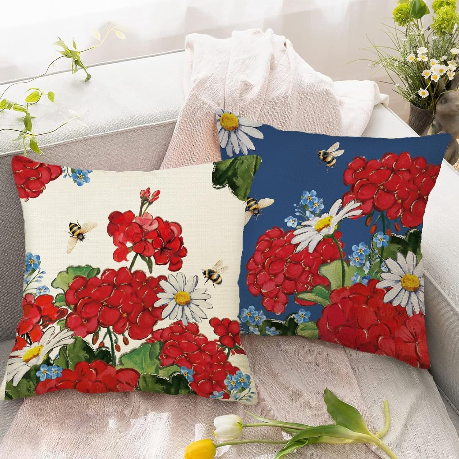 Spring Summer Red Geranium Pillow Covers White Daisy Floral 18 x 18 Inch Throw Pillows, Farmhouse Bee Seasonal Outdoor Indoor Decorative for Cushion Case Sofa Couch Set of 4