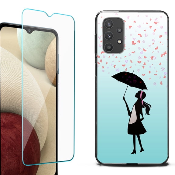 Slim-Fit Flexible TPU Gel Phone Case (black) for Samsung Galaxy A32 5G, with Tempered Glass Screen Protector, by OneToughShield ® - Rain/Hearts