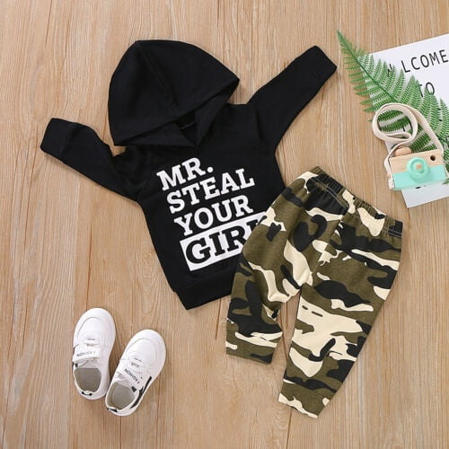 Camo Pants Outfits Clothes Set Toddler Kids Baby Boy Letter Hoodie T Shirt Tops