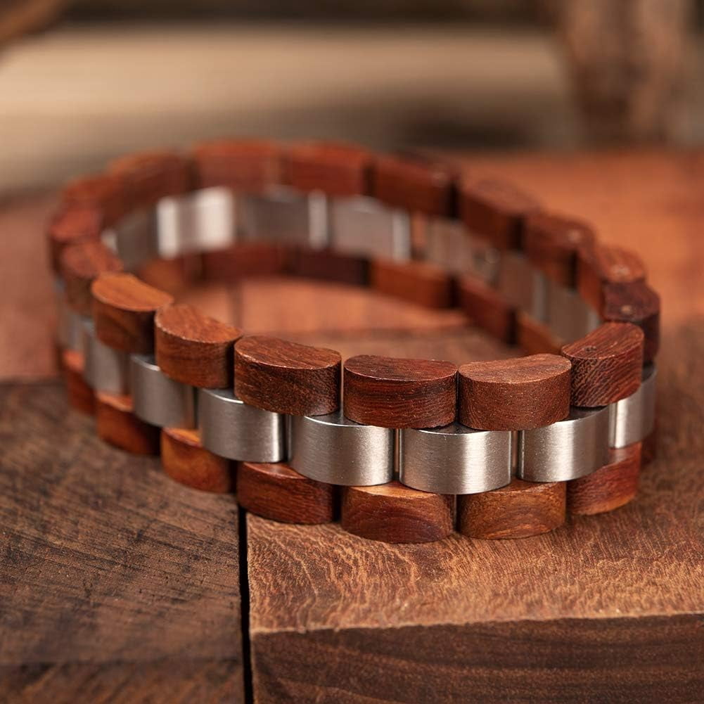 Wollet Wooden Bracelet for Men Stainless Steel Wood Jewelry Great Gift for Men,7.4 inches