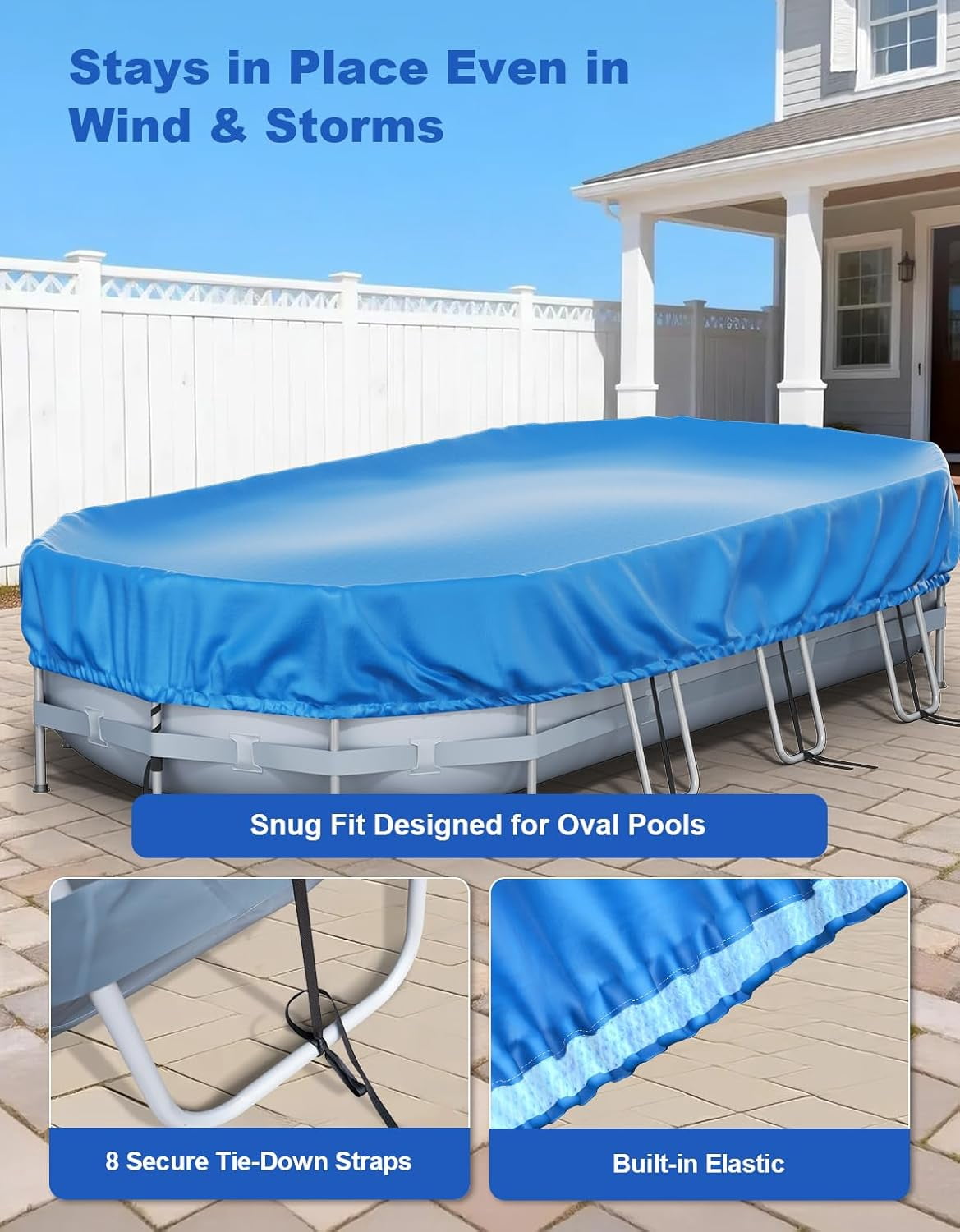 20’ x 12’ Oval Pool Cover for Above Ground Pools, Built-in Elastic & 8 Integrated Cords, Easy 20s Setup, Above Ground Swimming Pool Cover Fits 20’ x12’ & 18’x9’ Pools