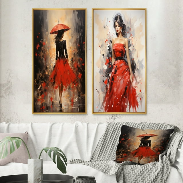 Designart "Peinture Charmant Intemporelle Rouge II" Art Mural Encadré Mode Ensemble de 2 - Ensemble de Toiles Encadrées Mode Rouge pour Décoration de Salon