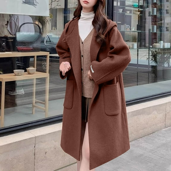 YFNNUP Women's Trench Coats Notched Collar Single Breast Midi Long Pea Coat Casual Loose Winter Outwear with Pockets