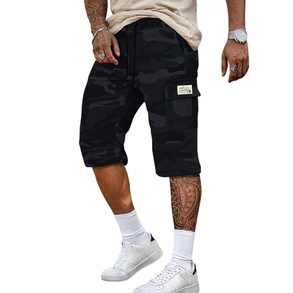 Homeyce Long Cargo Shorts for Men Below Knee Elastic Waist Shorts Long Capri Below the Knee Big and Tall Cargo Short Pants Multi-Pocket Hiking Outdoor Stretch Casual Bermuda Shorts,Blue L