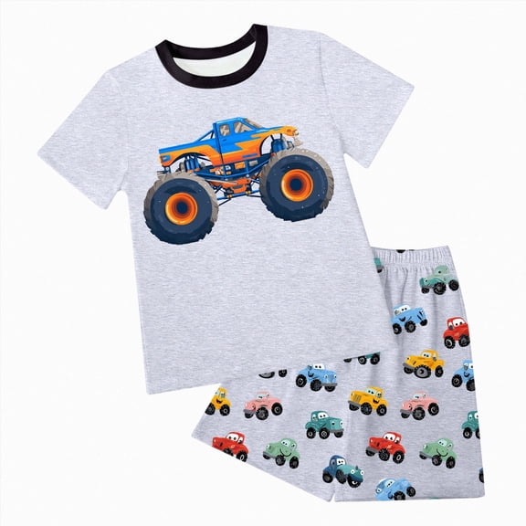 Little Boys Outfit Sets Adorable Truck Print Crew Neck T-Shirt & Soft Fleece Shorts 2-Piece Outfit Toddler Car Theme 2-11 T
