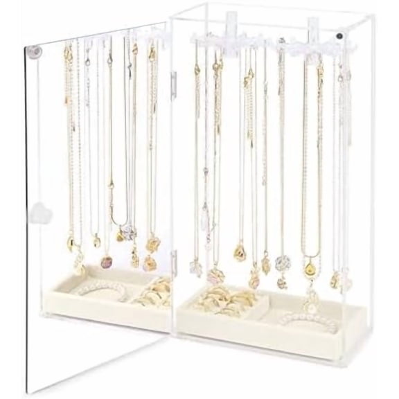 Necklace Holder Organizer, Acrylic Jewelry Organizer, Rotating Clear Necklaces Display Box with Built-in Mirror, Dust-proof Jewelry Storage Case with Velvet Tray, Great Gift for Women Girls