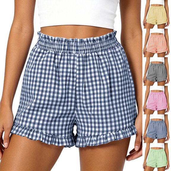 Smsaxvxz Women's Summer Plaid Shorts Fashion Stretchy Waist Ruffle Trim Casual Loose Beach Vacation Shorts Blue S