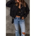 thumbnail image 1 of POGLIP Women's Black Game Day Rugby Graphic Print Distressed Denim Jacket, 1 of 5