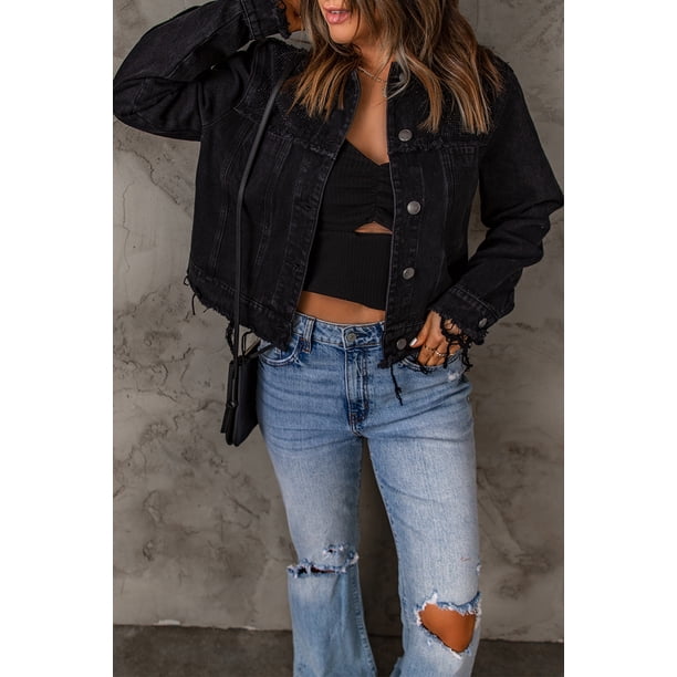 ABPHQTO Chaqueta vaquera desgastada con estampado de girasoles y margaritas negras para mujer