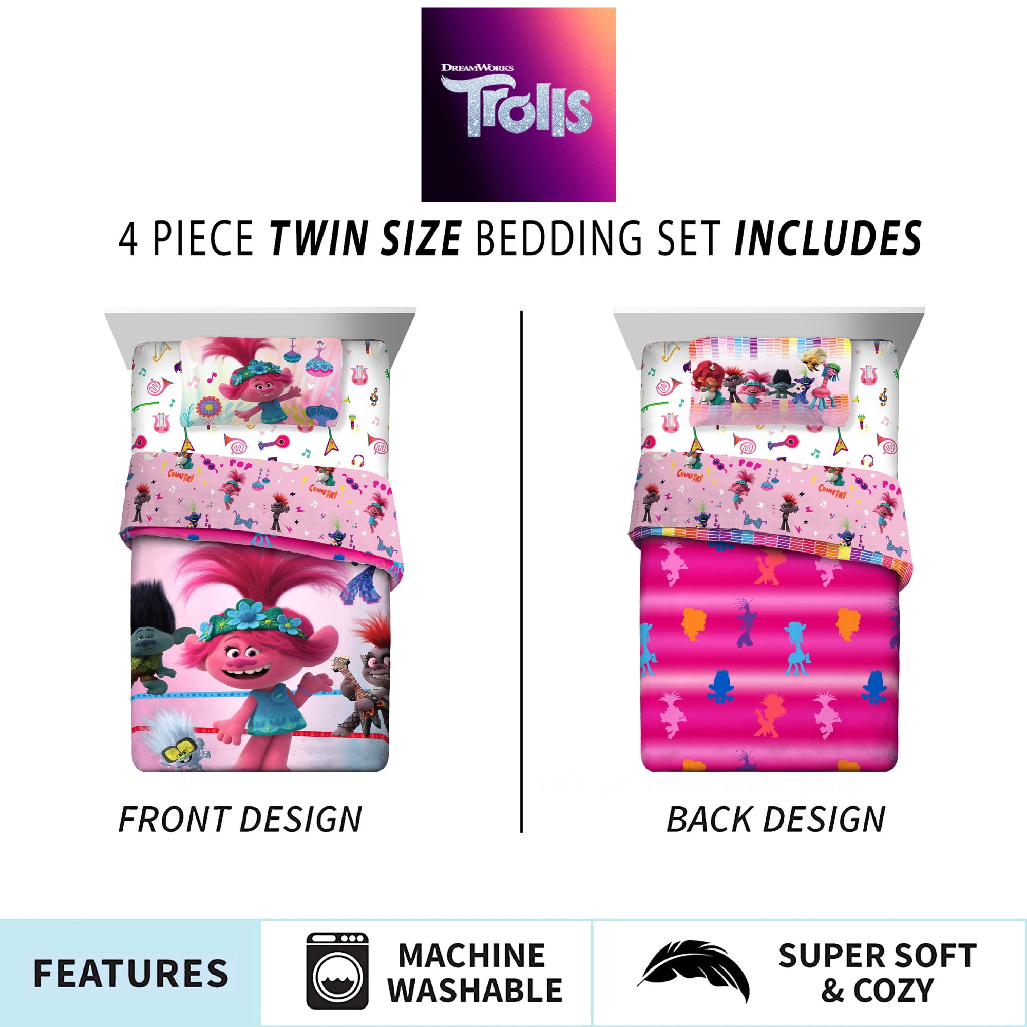 Trolls Kids Twin Bed in a Bag, Comforter and Sheets, Pink, DreamWorks
