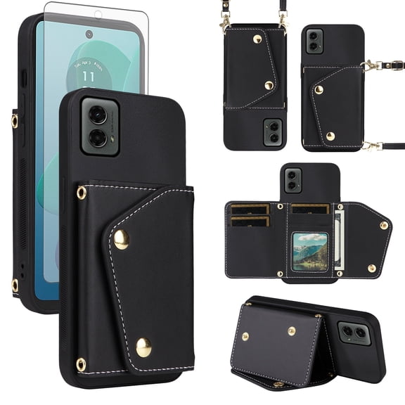 Furiet Wallet Case for Motorola Moto G 5G 2024 with Tempered Glass Screen Protector Slim Flip Purse Shoulder Strap Luxury PU Leather Card Holder Stand Phone Cover for G5G 5 G G5 Women Men Black