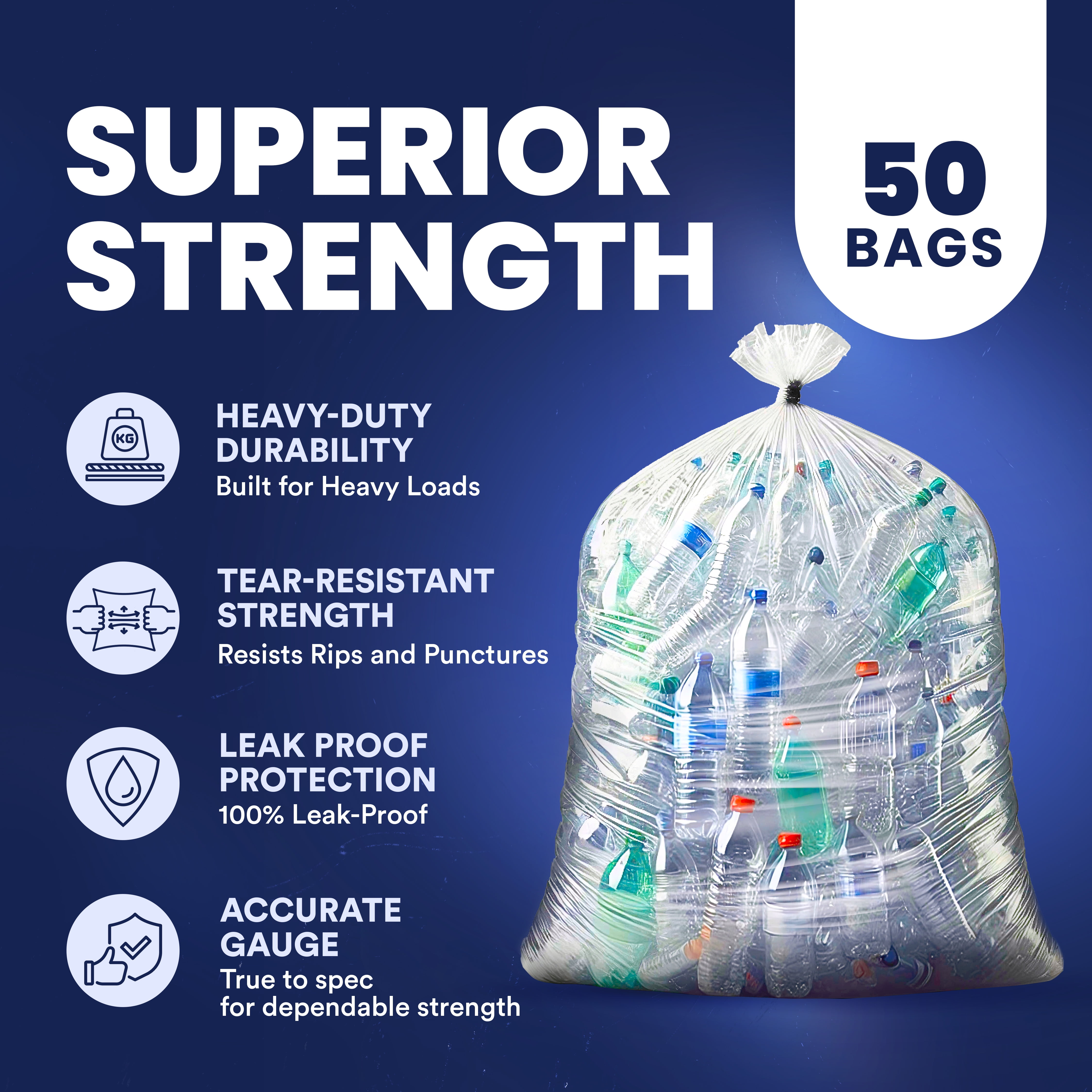 Plasticplace 55-60 Gallon Trash Bags │ 2 Mil │ Clear Heavy Duty Garbage Can Liners │ 38” x 58” 1 Count (Pack of 50)