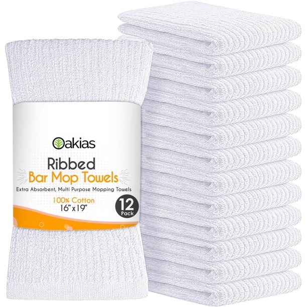Ribbed Bar Mop Towels 12 pack, 16 x 19 Inches, White