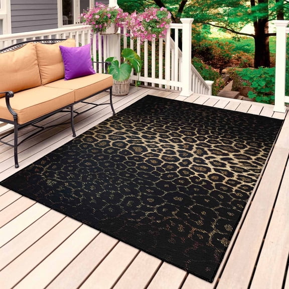 Leopard Print Outdoor Rug for Patio/Deck/Porch, Non-Slip Large Area Rug 5 x 7 Ft, Chic Abstract Black Brown Animals Texture Indoor Outdoor Rugs Washable Area Rugs, Camping Rug Carpet Runner