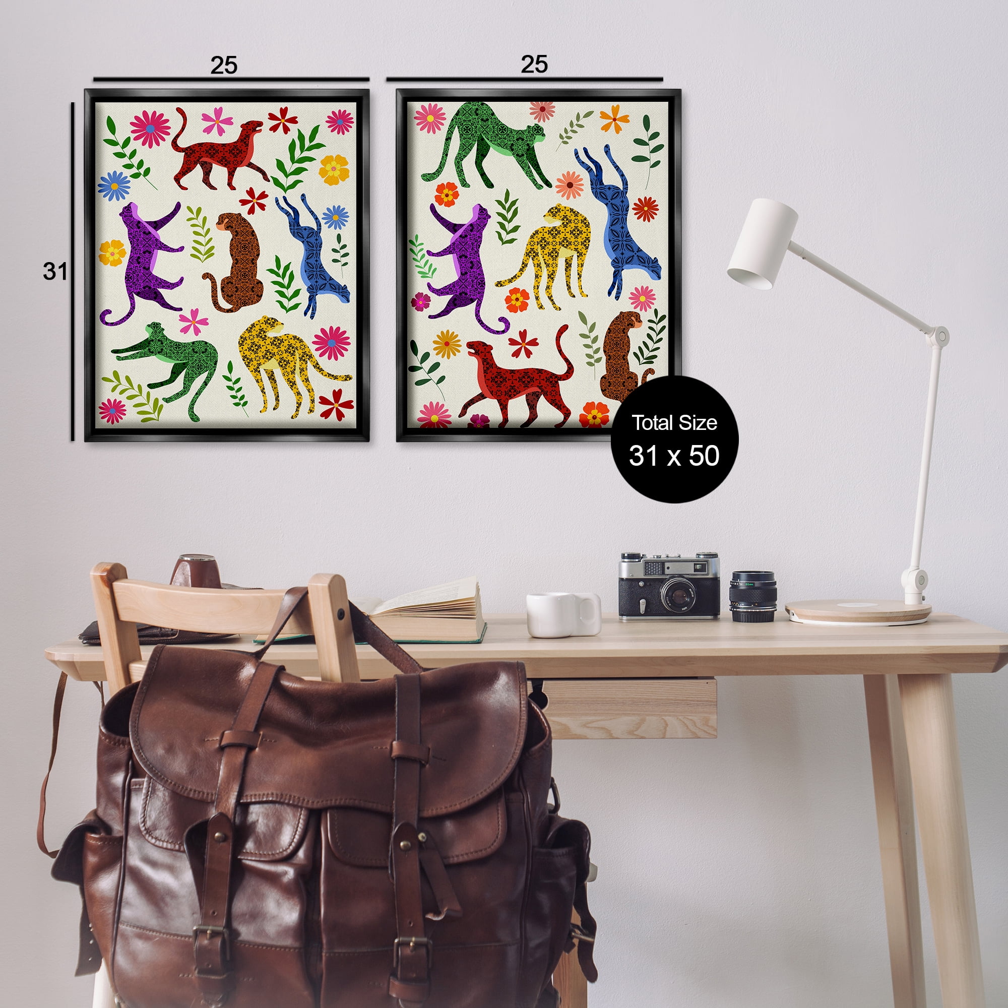 Stupell Industries Patterned Floral Jungle Cats Animals Painting Black Floater Framed Canvas Art Print Wall Art, 31 x 25, Set of 2