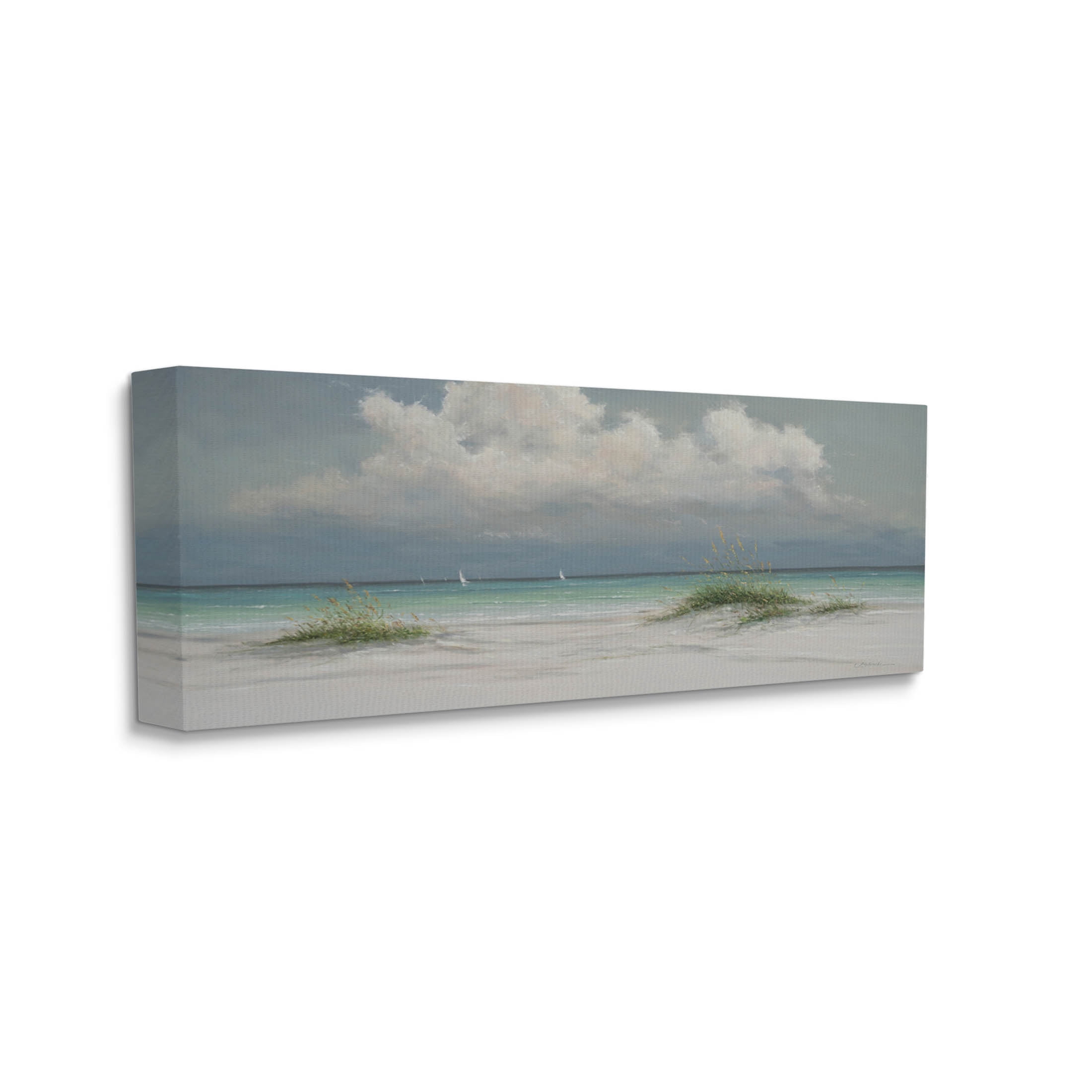 Puffy Clouds Beach Sailboats Coastal Painting Gallery Wrapped Canvas Print Wall Art